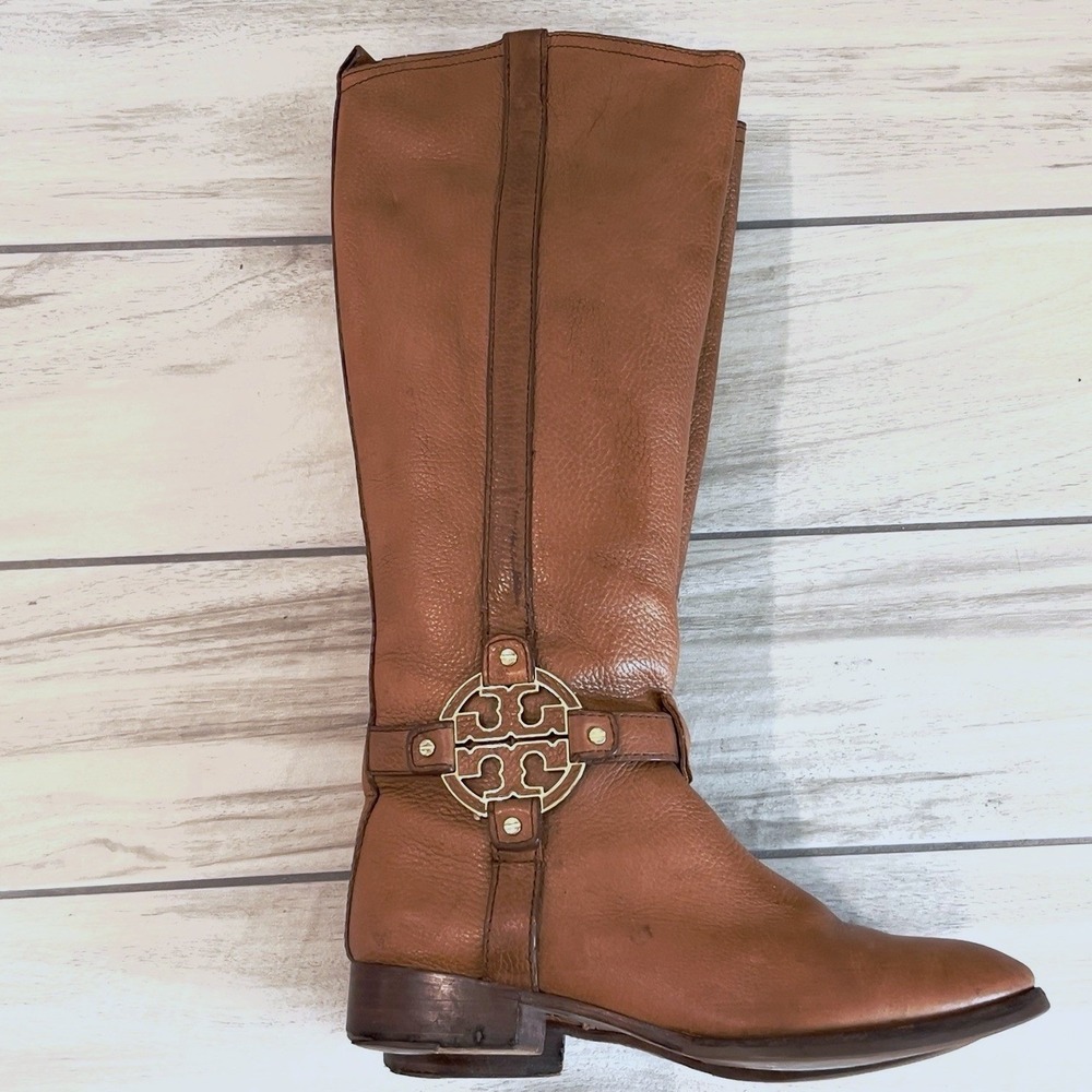Tory Burch Amanda Riding Boot Women Tan Pebbled Leather Gold Logo Good Condition